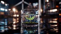 Small green plant growing in glass of water with bokeh lights background, reflecting nature and growth concept in minimalist setting. Macro photography.