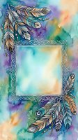 Watercolor boho feather frame with ornate border on colorful background for invitations, cards, and spiritual designs.