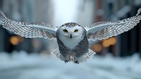 Majestic snowy owl in flight with spread wings against winter background, focused gaze and detailed feather pattern visible during low altitude soar.