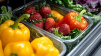 Fresh produce in meal prep containers featuring vibrant yellow bell peppers, ripe strawberries, and mixed salad greens, showcasing healthy eating and food organization.