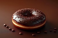 Chocolate glazed donut with decorative drizzle pattern and scattered coffee beans on dark brown background, dramatic studio lighting creates appetizing mood.