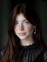 Young woman with striking blue eyes, auburn hair, and natural freckles wearing black lace top against dark background, soft lighting enhances facial features.