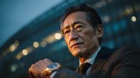 Confident mature Asian businessman in suit standing outdoors at dusk with city lights background for corporate leadership and success concepts.