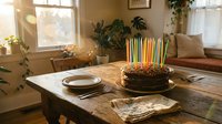 Chocolate birthday cake with colorful candles on rustic wooden table in cozy sunlit home interior, warm celebration atmosphere.