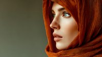 Young Caucasian woman with striking blue eyes wearing orange rust colored headscarf looking away pensively in warm natural lighting for fashion portrait.