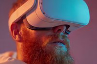 Caucasian man with red beard wearing virtual reality headset in dramatic blue and pink lighting, experiencing immersive technology for gaming or simulation.