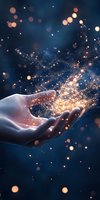 Magical glowing particles floating above open palm against dark blue background, creating ethereal light effect with golden bokeh and sparkles. For fantasy or spiritual designs.