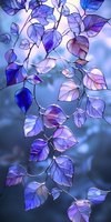 Luminous purple and blue leaves with translucent stained glass effect against dreamy bokeh background, creating ethereal natural pattern for wall art and design projects.