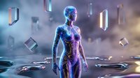 Futuristic humanoid robot with glowing circuits standing among floating geometric shapes in sci-fi environment for technology and AI concepts.
