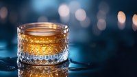 Elegant crystal whiskey glass with amber liquid on dark surface with bokeh lights background for luxury bar and restaurant advertising.