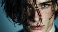 Young Caucasian man with tousled dark hair and striking blue eyes, intense gaze with freckled skin. Close-up portrait for fashion and beauty concepts.