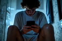 Young man with curly hair in white t-shirt using smartphone in dark room with blue light illuminating his face, depicting digital addiction and late night browsing.
