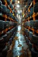Car tires stacked on wooden shelves in warehouse storage facility with long corridor perspective and reflective wet floor.