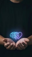 Person holding glowing neon brain and heart symbols representing mental health awareness, emotional intelligence and mind-body connection for wellness.