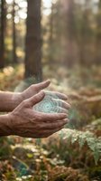 Elderly hands protecting glowing energy sphere in forest setting with magical light effects and bokeh background for wellness and spiritual concepts.