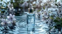 Cosmetic dropper bottle creating ripples in pure water surrounded by delicate white flowers, representing natural skincare and beauty products. Spa wellness concept.