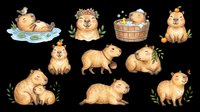 Cute capybara cartoon set isolated on transparent background, ready for stickers, t-shirt design, clipart, print on demand, and sublimation projects.
