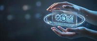 Quality management system concept with protective hands and glowing QMS hologram for business process optimization and certification standards.