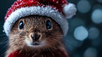 Adorable squirrel wearing red and white Santa hat with snowy frost detail against blurred winter bokeh background, close up portrait showing bright blue eyes.