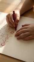 Child hands drawing with red crayon on white paper creating colorful artwork in warm sunlight for creative learning and artistic expression activities.