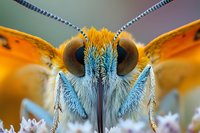 Extreme macro portrait of butterfly head showing detailed compound eyes, antennae, and facial features against blurred floral background. Vibrant orange and blue colors.