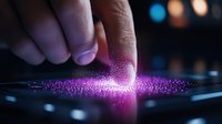 Finger touching glowing purple digital surface creating luminous particle effect against dark background. Interactive technology concept for business presentations.