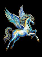 Majestic winged horse with blue and gold accents, isolated on transparent background. Ready for t-shirts, stickers, clipart, sublimation, and print-on-demand designs.