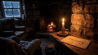 Rustic stone fireplace glowing warmly in a cozy cabin interior, with a handwritten sorry note and candle on a wooden table in winter.
