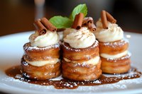 Mini cream puffs filled with vanilla custard, topped with whipped cream, cinnamon sticks and fresh mint leaves, dusted with powdered sugar on white plate.