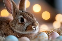 Close up portrait of brown bunny with Easter eggs and golden bokeh lights in background, creating warm festive holiday atmosphere for spring celebrations.