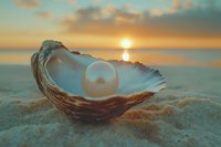 Single pearl resting in open oyster shell on sandy beach at sunset, with golden sun reflecting on calm ocean horizon and soft clouds in turquoise sky.