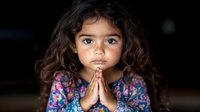 Young girl with dark curly hair and expressive eyes in floral dress praying or meditating with hands clasped, against dark background. Spiritual childhood concept.
