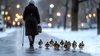 Senior woman with walking stick followed by line of ducks walking on snowy path at dusk, city lights creating magical winter atmosphere in urban park.