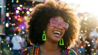 Young African American woman with afro hairstyle laughing joyfully at outdoor festival with colorful bokeh lights background. Celebration and happiness concept.