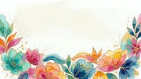 Colorful watercolor floral border with gold accents on white background, featuring vibrant pink, teal, and orange blooms with copy space.