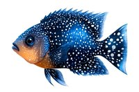 Spotted blue and orange tropical fish with detailed fins and scales on white background, marine life illustration for nature and aquarium designs.