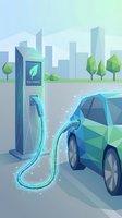 Electric vehicle charging at eco-friendly station with glowing cable in modern city environment with green trees and sustainable energy concept.