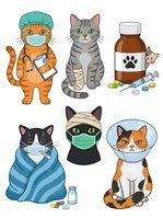 Cartoon cats wearing medical masks and surgical attire with medicine bottles, pills, and bandages on isolated white background. Veterinary care and pet health concept for design use.