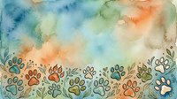 Watercolor paw prints border with colorful washes in blue, orange, and green tones. Isolated design element suitable for pet-related projects, greeting cards, and fabric prints.
