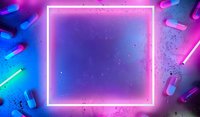 Glowing neon square frame with scattered pills on vibrant blue and pink gradient background, creating modern cyberpunk aesthetic for healthcare concept.