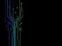 Digital circuit board pattern with glowing blue and green lines on black background for technology designs and electronic presentations.