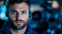 Young bearded man wearing headphones in dark room with blue ambient lighting, looking directly at camera with confident expression. Professional gaming or tech environment.