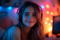 Young woman wearing headphones smiling at camera in neon lighting with bokeh background, creating atmospheric nighttime mood for lifestyle and entertainment content.