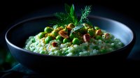 Creamy green pea risotto garnished with fresh herbs and toasted pine nuts in dark ceramic bowl against moody background, dramatic food photography.