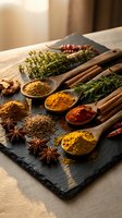 Aromatic spices and herbs arranged on dark slate board with wooden spoons featuring turmeric, paprika, cinnamon sticks, star anise and fresh rosemary.