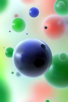 Colorful abstract spheres floating in soft focus with blue, green, and red orbs creating a dreamy molecular or cosmic atmosphere.