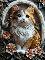 Calico cat with long fluffy fur sitting in ornate frame surrounded by delicate pink flowers and green leaves, artistic portrait style with detailed fur texture.
