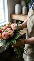 Florist arranging fresh pink roses and dahlias with greenery in hands wearing work gloves and apron, creating bouquet for events, weddings, or retail flower shop business.
