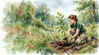 Young Caucasian woman in green shirt planting a tree sapling outdoors, watercolor scene with lush greenery and volunteers in background.
