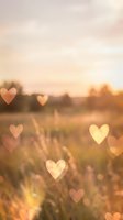 Romantic heart bokeh overlay on blurred sunset field landscape with warm golden light creating dreamy atmosphere for love themed designs and greeting cards.